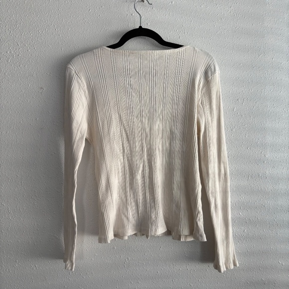 Anthropologie White Long Sleeve Ribbed Button Up V-Neck Sweater Top - Picture 5 of 5